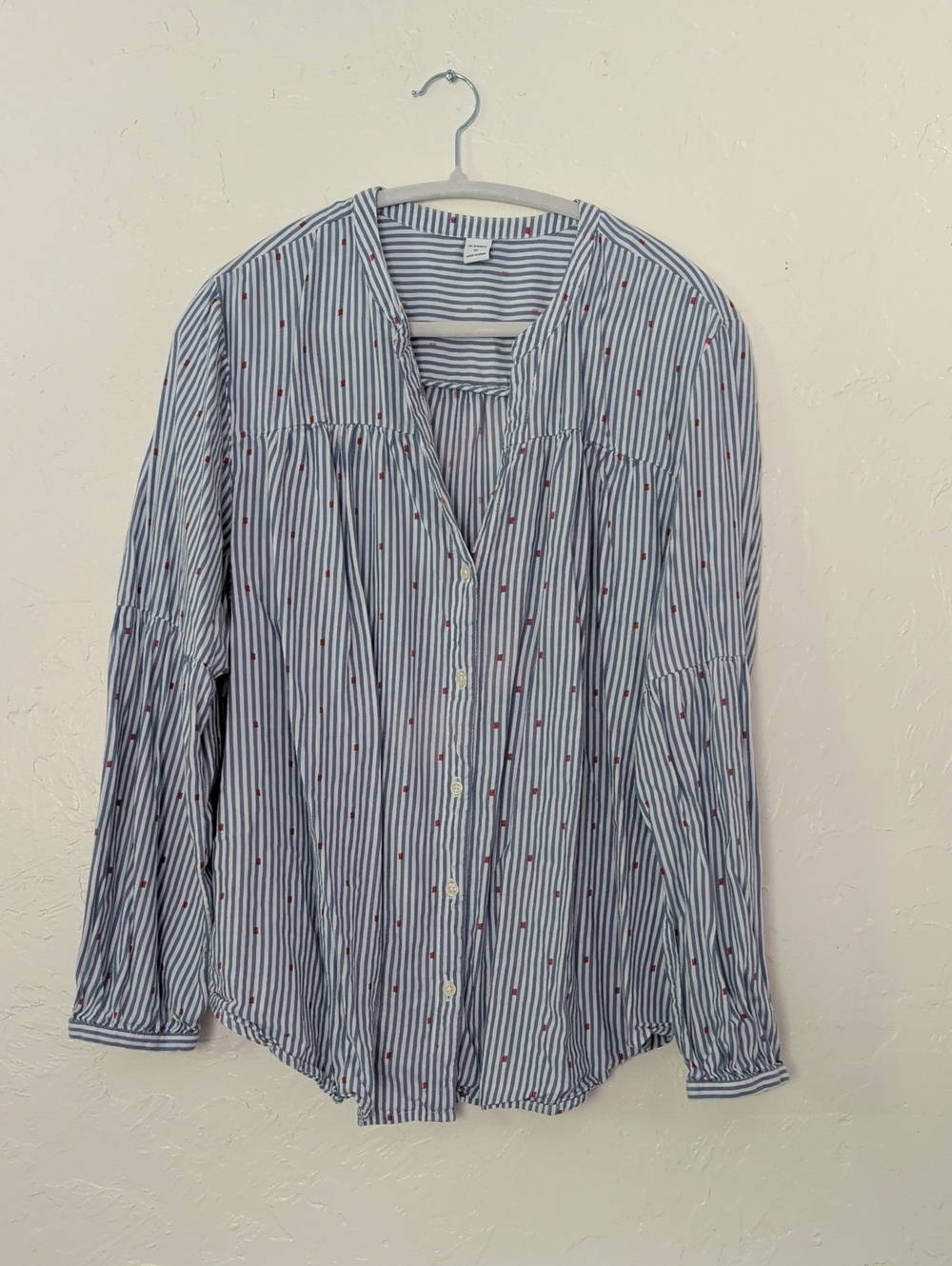Old Navy Blue and White Striped Button-Down with Red Dot Detail